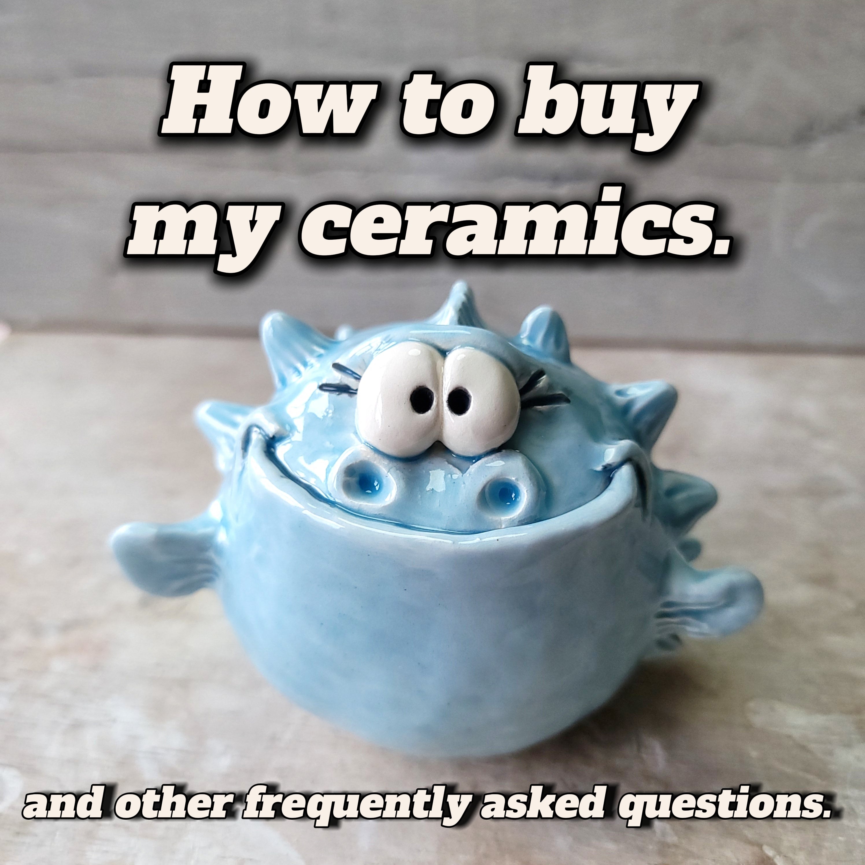 Ceramic fish-shaped bowl with cartoon face on a wooden surface, text overlay about buying ceramics.